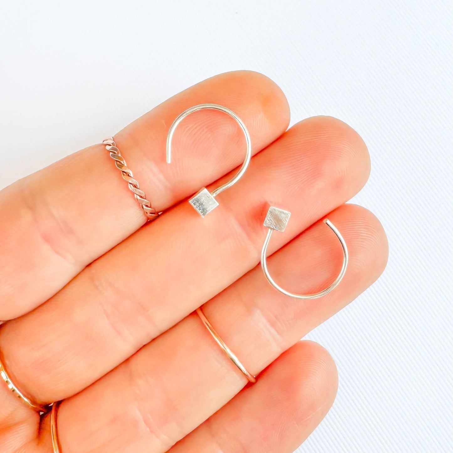 Block Threader Half Hoop Earrings, Sterling Silver