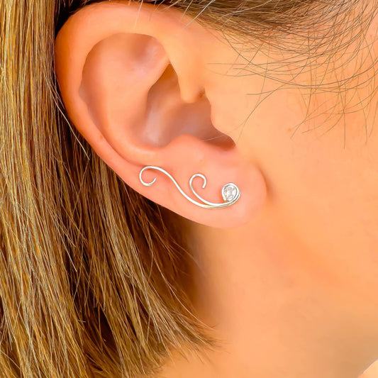 Curved Ear Climber OR Drop Earrings, 925 Sterling Silver with CZ