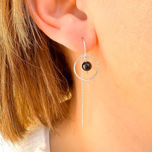 True Black Onyx Threader Earrings, Sterling Silver