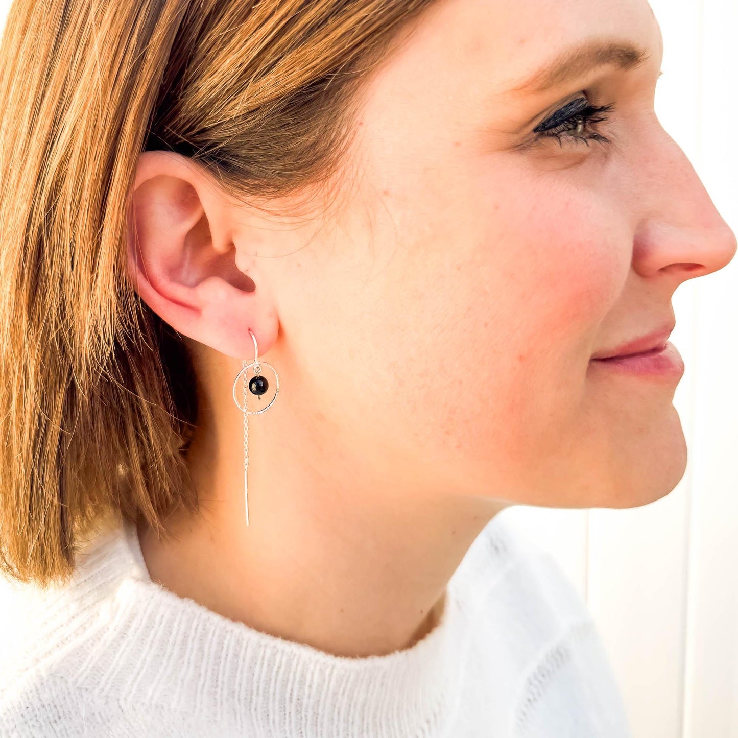 True Black Onyx Threader Earrings, Sterling Silver