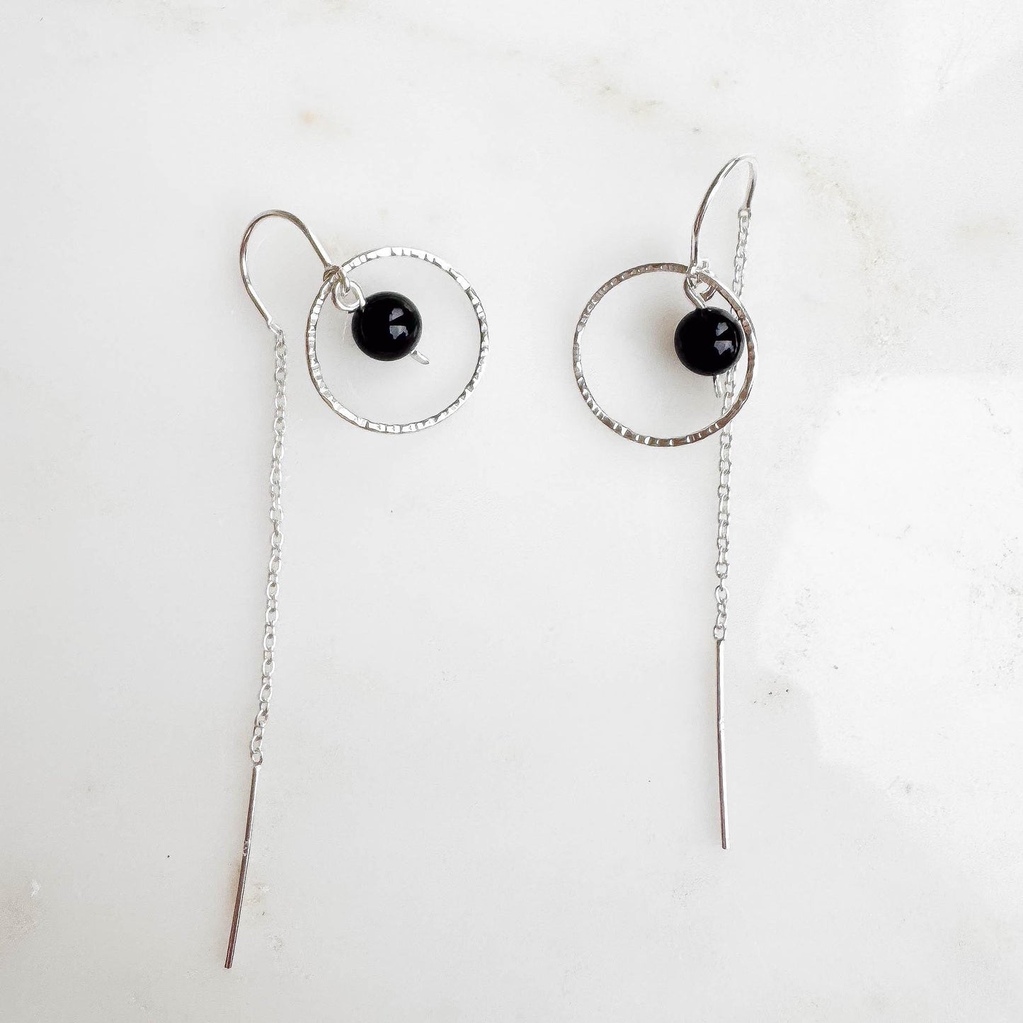 True Black Onyx Threader Earrings, Sterling Silver