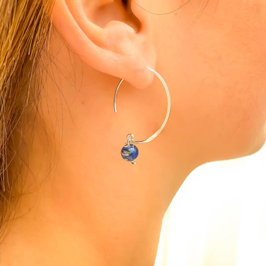 Blue Bead Swoop Threader Earrings, Sterling Silver