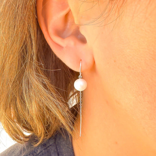 Gravity: Pearl Threader Earrings, Sterling Silver