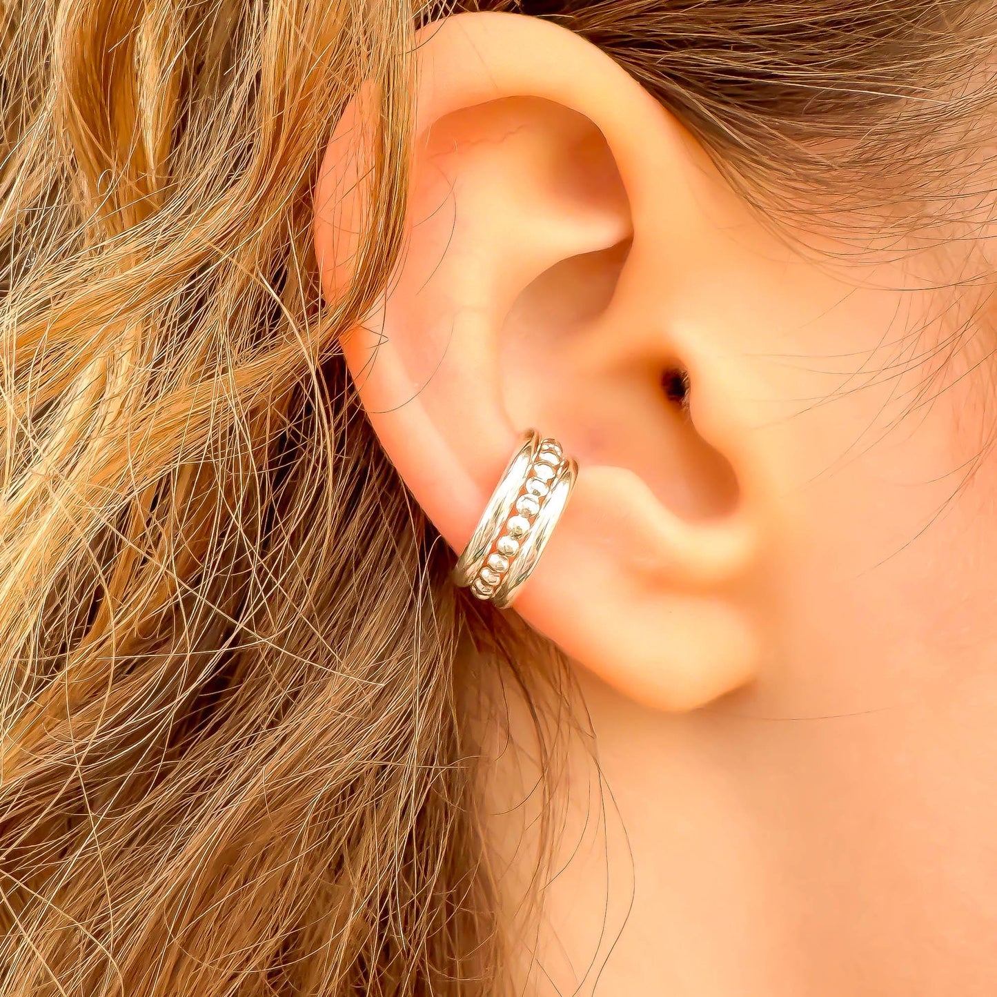 Bead Conch Ear Cuff Triple Band, Sterling Silver