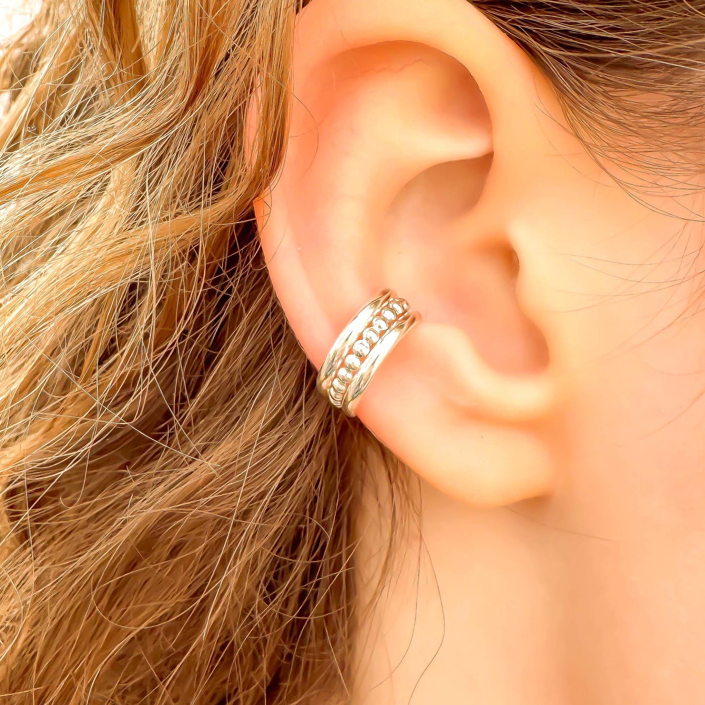 Bead Conch Ear Cuff Triple Band, Sterling Silver