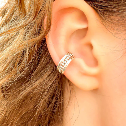 Bead Conch Ear Cuff Triple Band, Sterling Silver