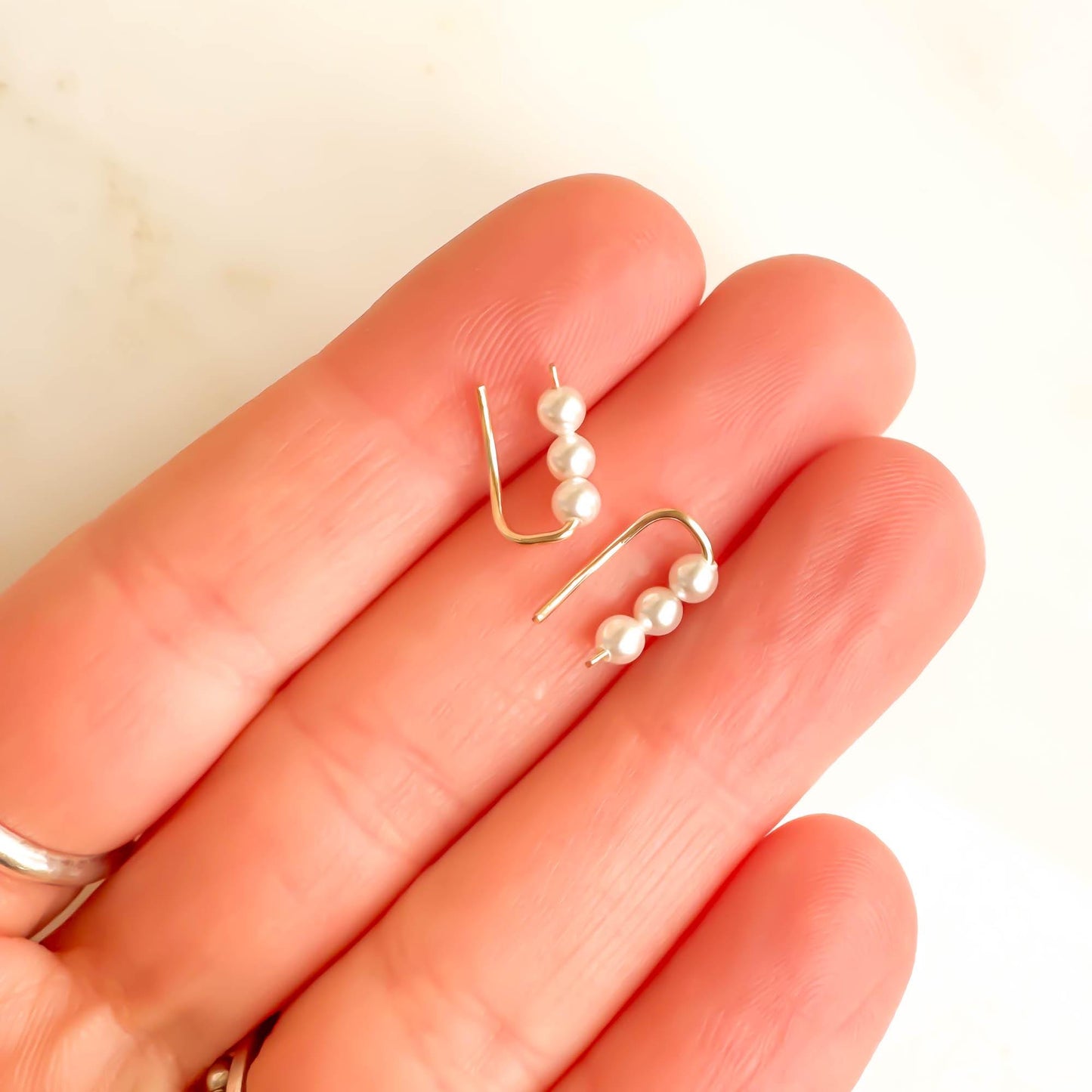 Mini Pearl Ear Climber Earrings, 14K Gold Filled
