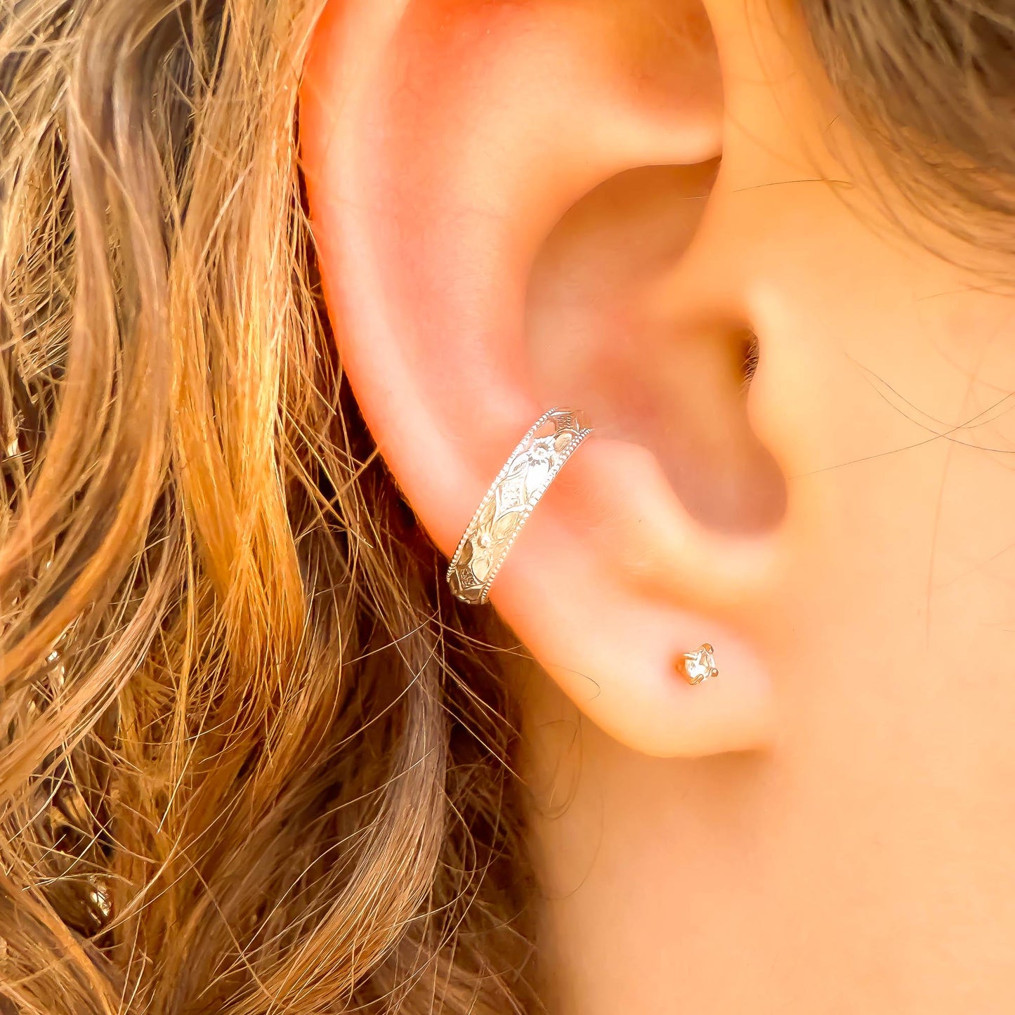 Floral Engraved Conch Ear Cuff, Sterling Silver