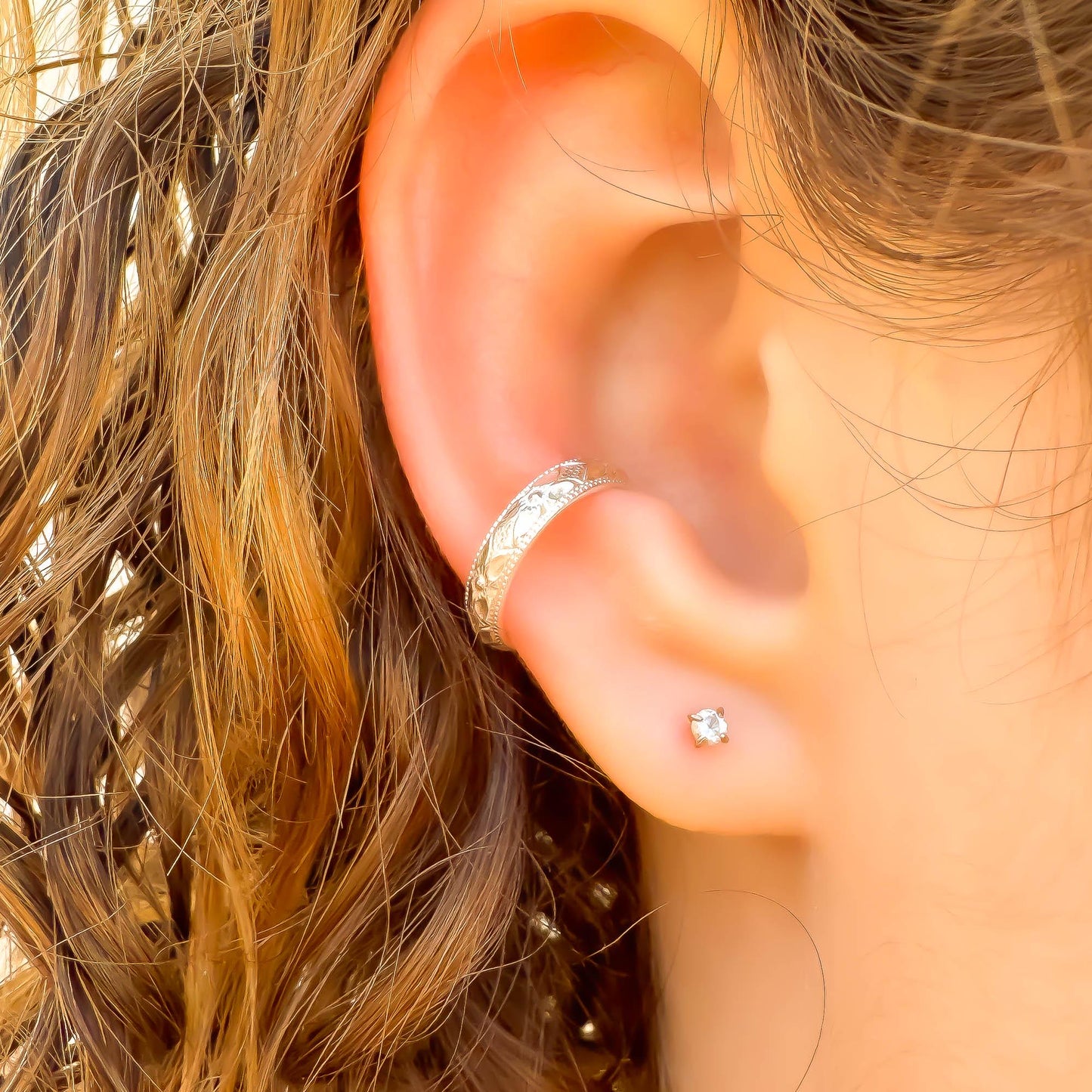 Floral Engraved Conch Ear Cuff, Sterling Silver