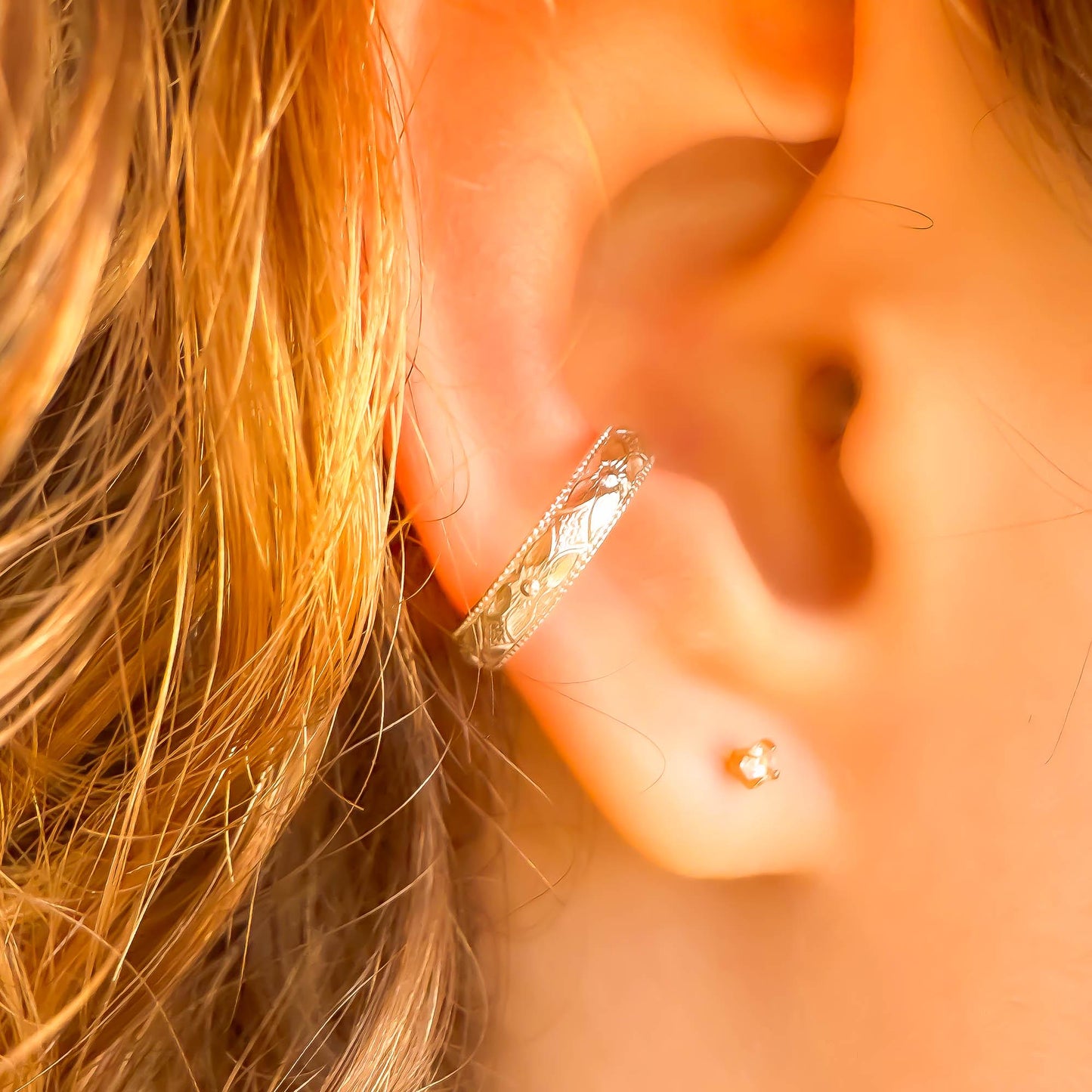 Floral Engraved Conch Ear Cuff, Sterling Silver