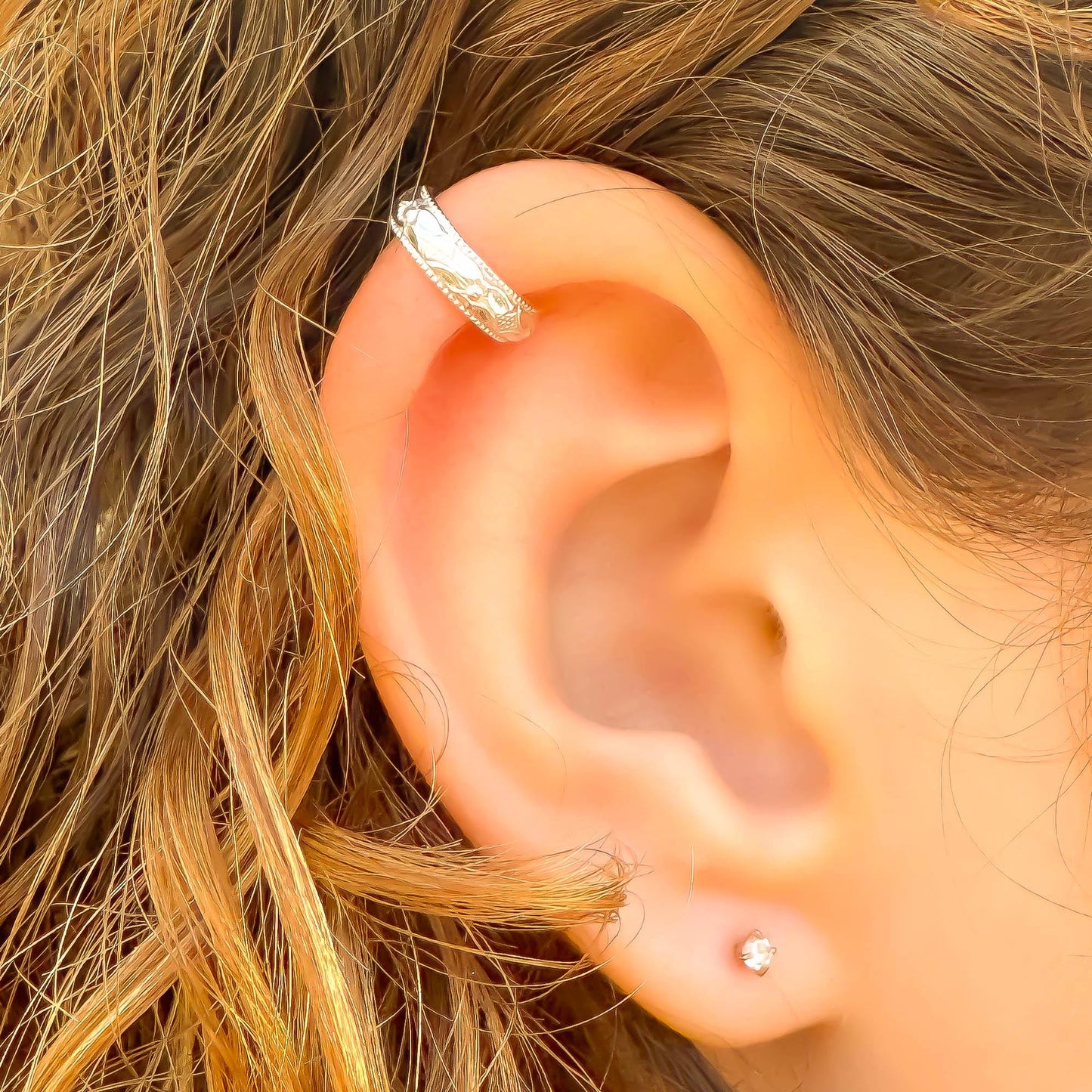 Floral Engraved Mini Ear Cuff, Sterling Silver