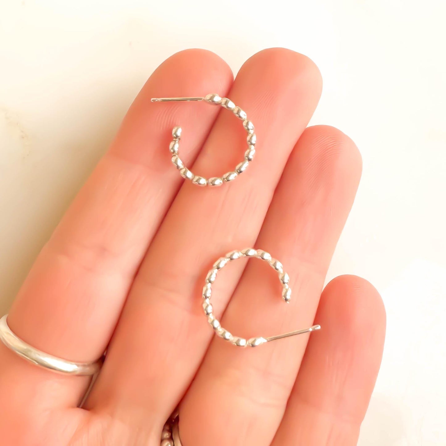 Small Bead Dot Hoop Earrings, Sterling Silver