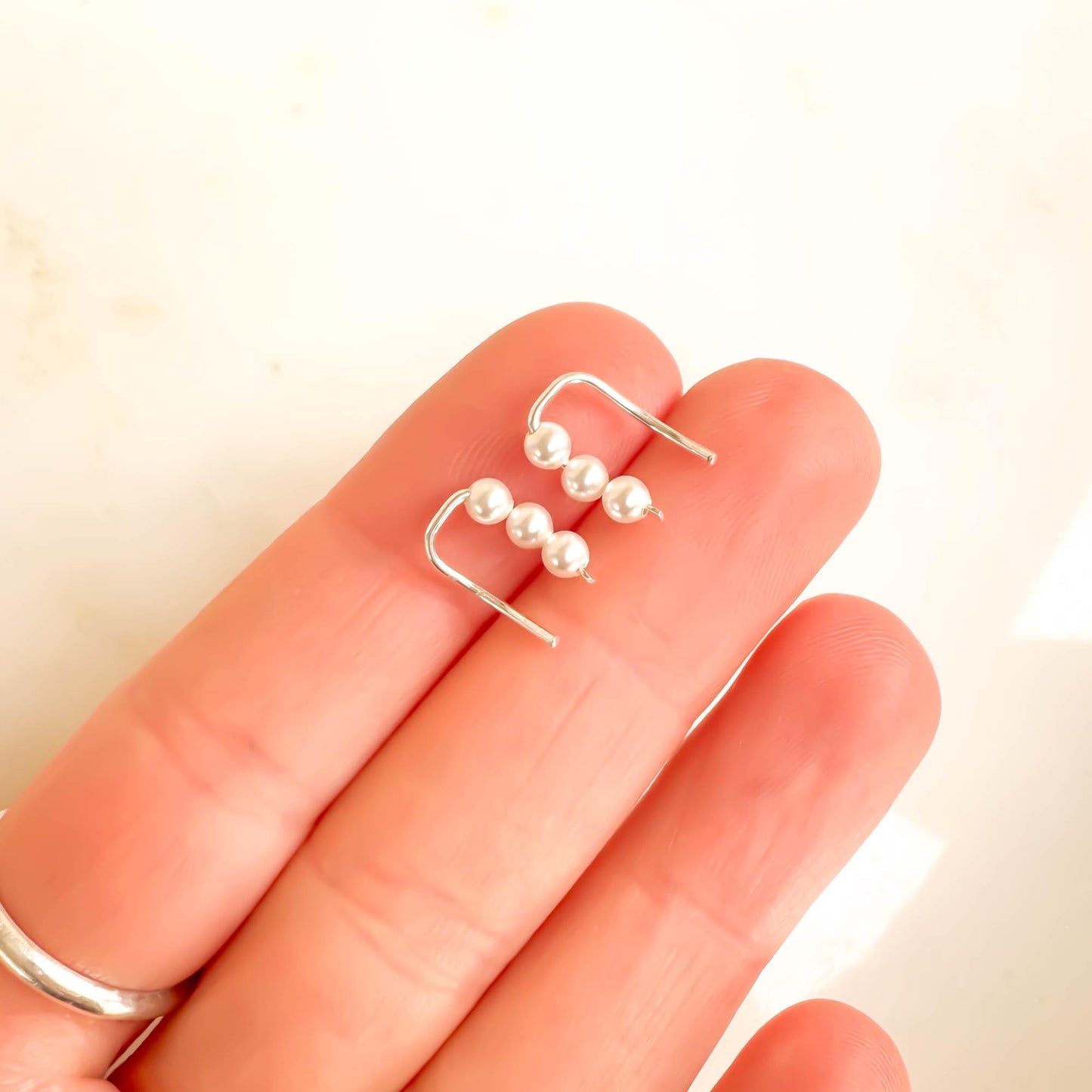 Mini Pearl Ear Climber Earrings, Sterling Silver