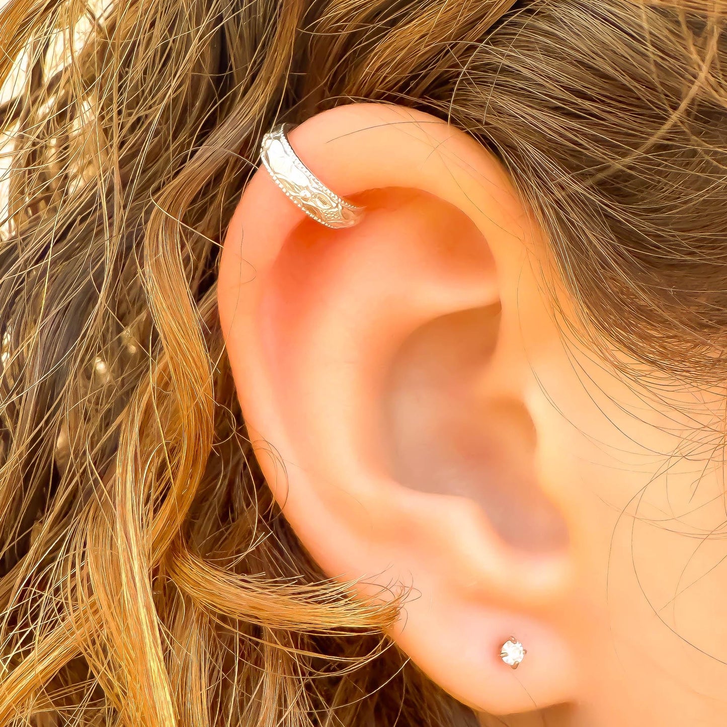 Floral Engraved Mini Ear Cuff, Sterling Silver