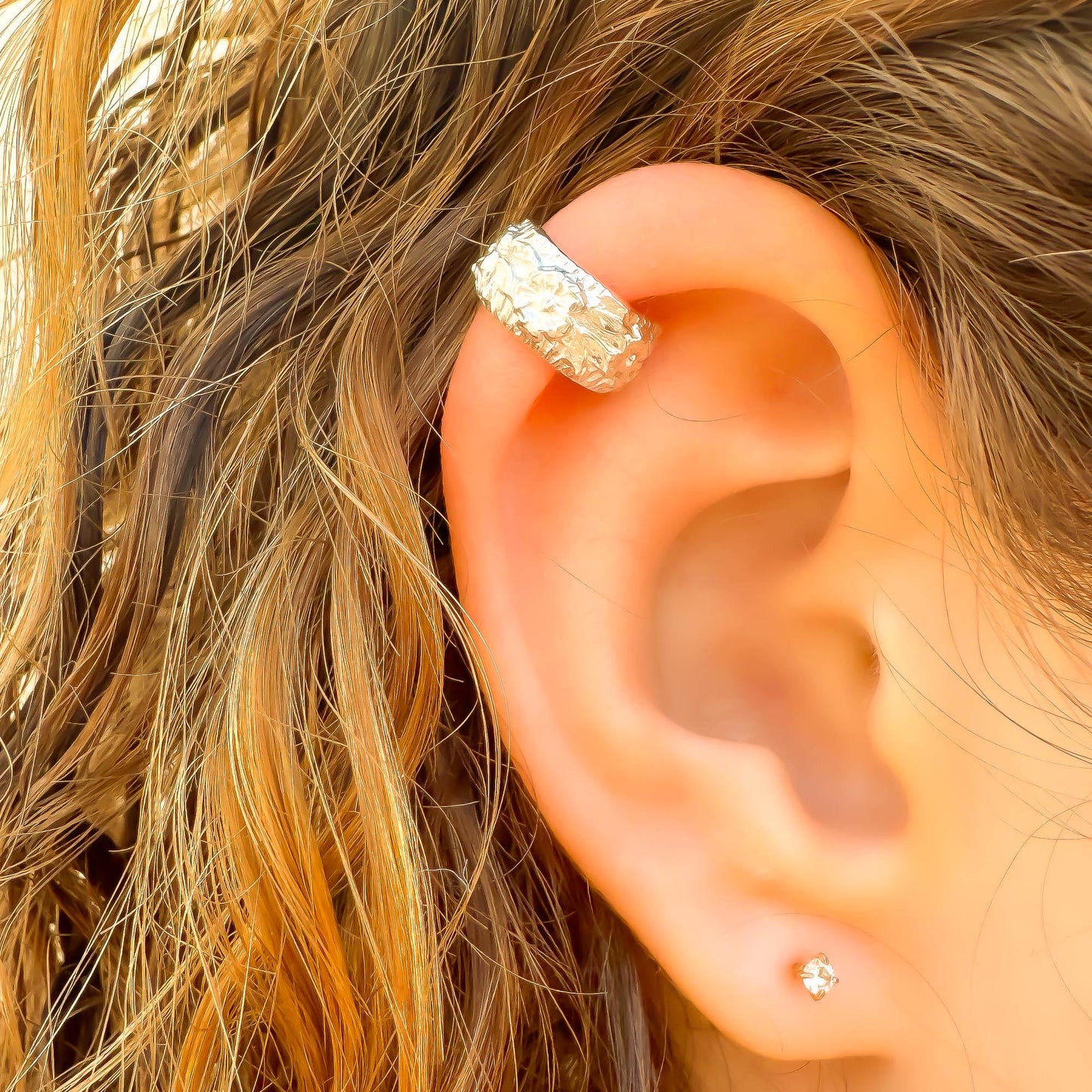 Floral Thick Mini Ear Cuff, Sterling Silver