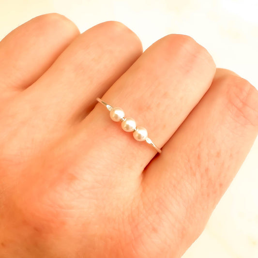 999 Fine Silver Dainty Crystal Pearl Ring