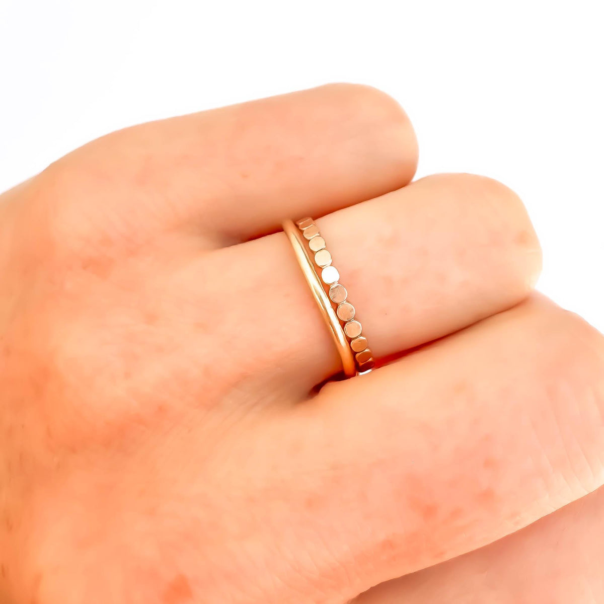 Flat Bead or Round Dainty Ring Set, 14K Gold Filled