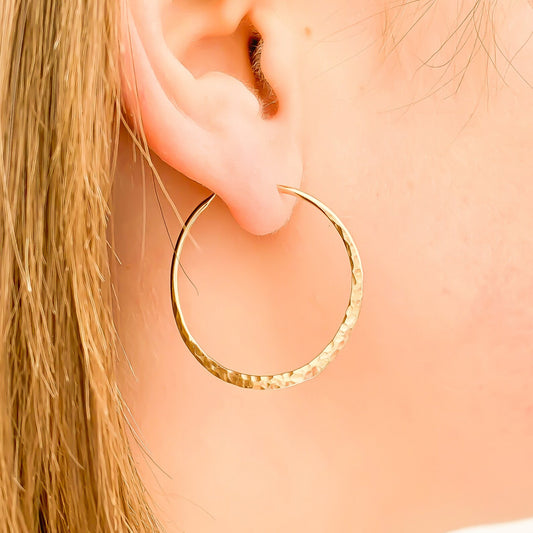 30mm Hammered Hoop Earrings, 14K Gold Filled